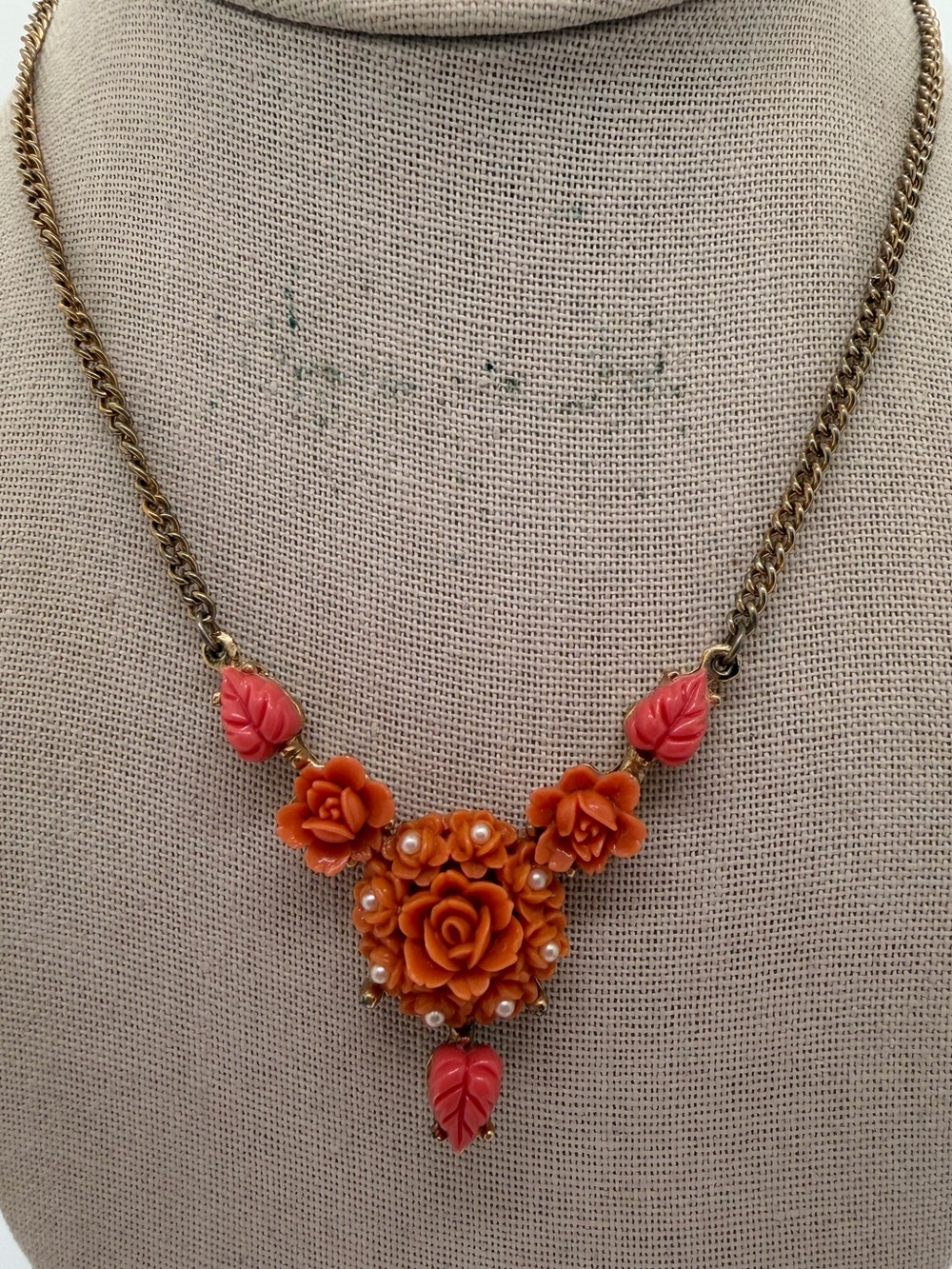 Vintage gold tone faux carved coral rose necklace